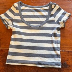 Cotton Crew Baby Tee Striped Gray and White Scoop Neck Hollister
